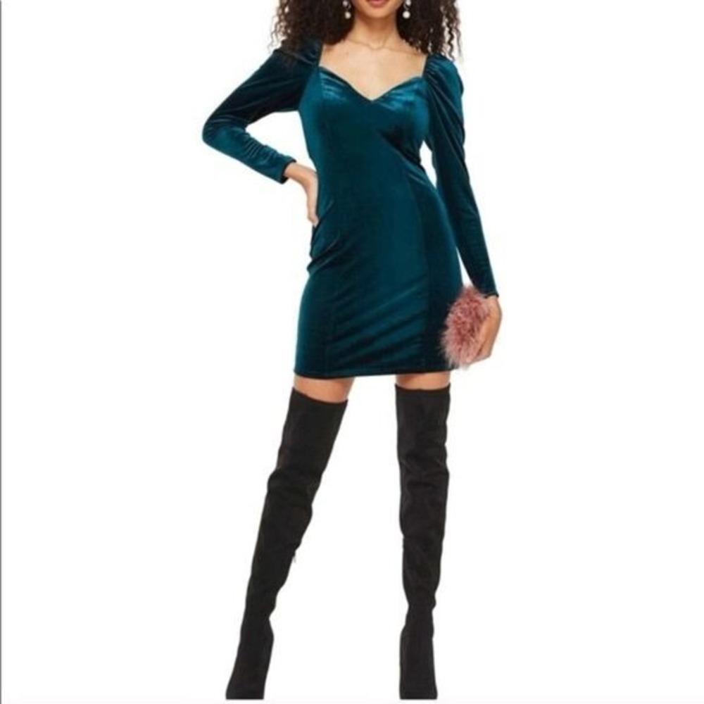 Holiday Topshop Velvet Sweetheart Body-con Dress Women 8 Green Long Sleeve
